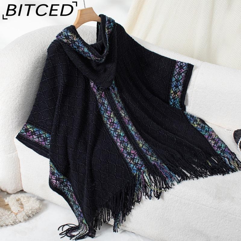 BITCED Fall/Winter Ethnic-Style Knit Hooded Fringe Cape Sweater Shawl Women's Outerwear