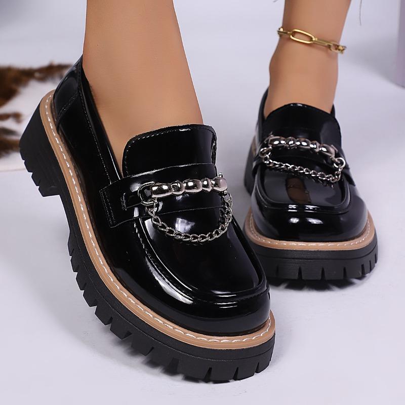 New Retro and Versatile Women's Single-shoe Shoes, Round-toed Metal Buckle Thick-soled Large-sized Loafers