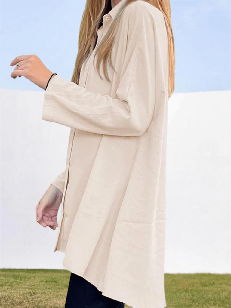 Camicia da donna oversize con bottoni, manica lunga, scollo a V, ampia e fluida