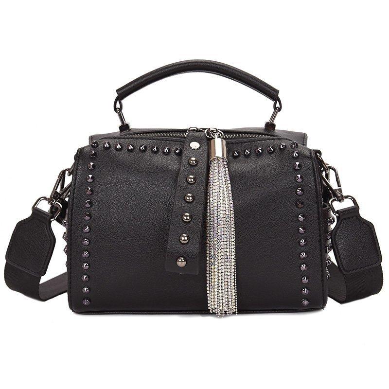

Luxury rivet women handbag fashi Wide strap women Shoulder bags Chain tassel design Ladies Crossbody Bags black bost 21x14x13cm чёрный