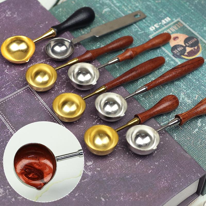 Neuer Siegelwachslöffel mit Anti-Hot-Holzgriff, Retro-Wachsstempellöffel, Feuerfarbe, Schmelzbrand, Stempel, Umschläge, Karten, Metallwerkzeug
