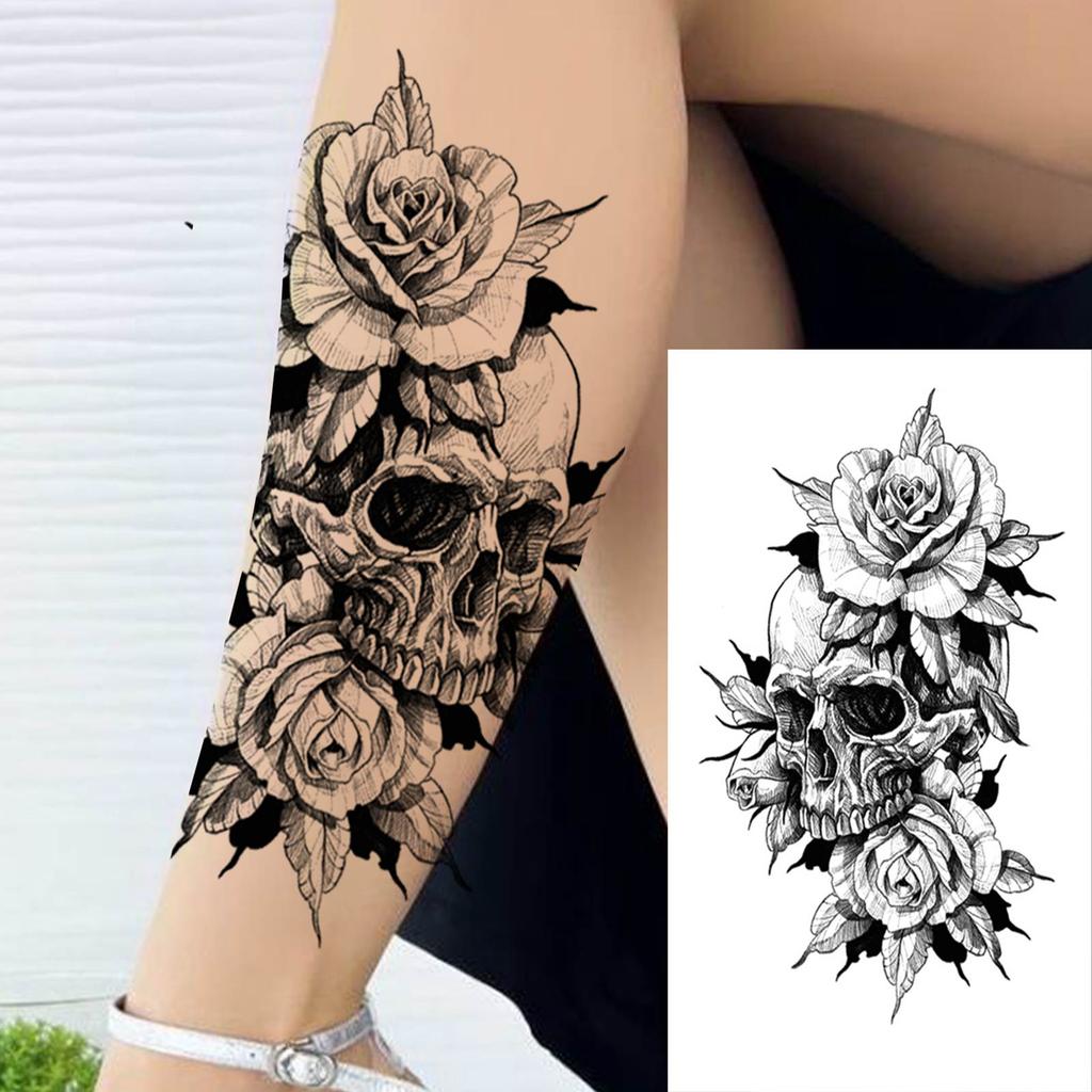 1 Blatt Temporäre Skelett-Tattoos für Damen Herren Fake Death Totenkopf Blume Tattoo Aufkleber Körperkunst Zeichnung Arm Unterarm Taille Rücken