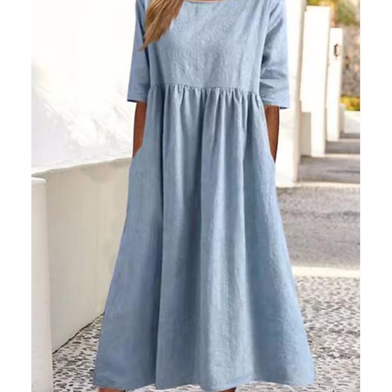 Summer New Cotton and Linen Casual Short-sleeved Pocket Pleated Loose Round Neck Dress