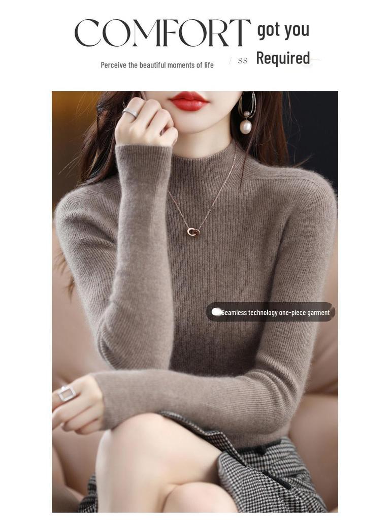 Damski sweter z wysokim dekoltem, dopasowany, z imitacji wełny - rozciągliwa dzianina, warstwa bazowa na jesień/zimę