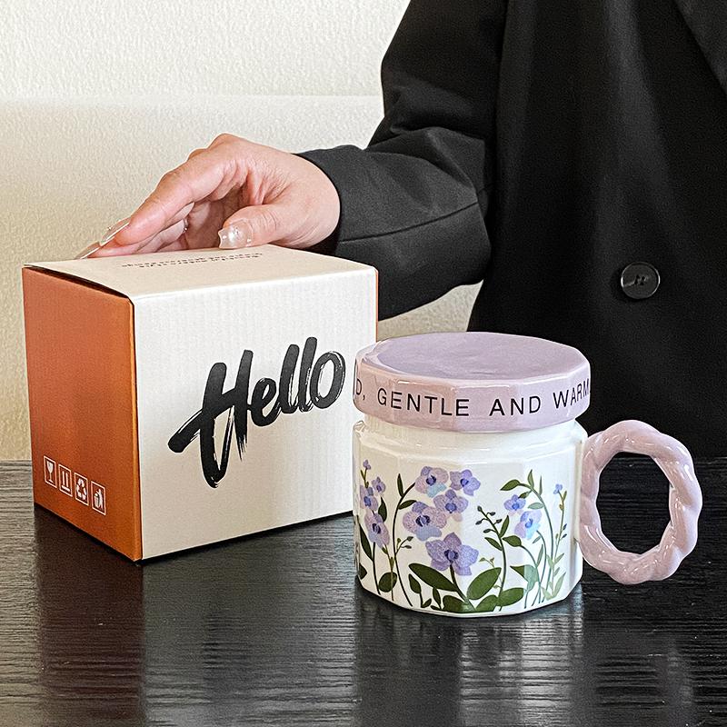 

Винтажная масляная живопись с цветами Чашка для кофе блюдце Расписанная вручную чашка для латте Набор Оригинальная подарочная кружка с крышкой керамические кружки 301-400ml