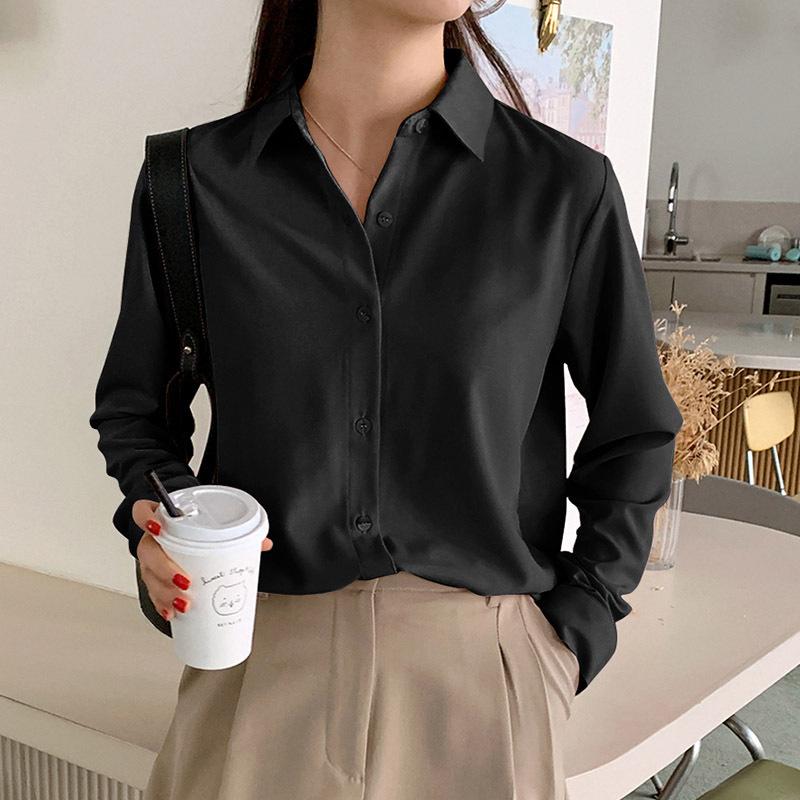 Retro Minimalist Solid Color Long Sleeved Shirt for Women In Spring Autumn Professional Polo Collar Loose Versatile Shirt Blouses & Shirts