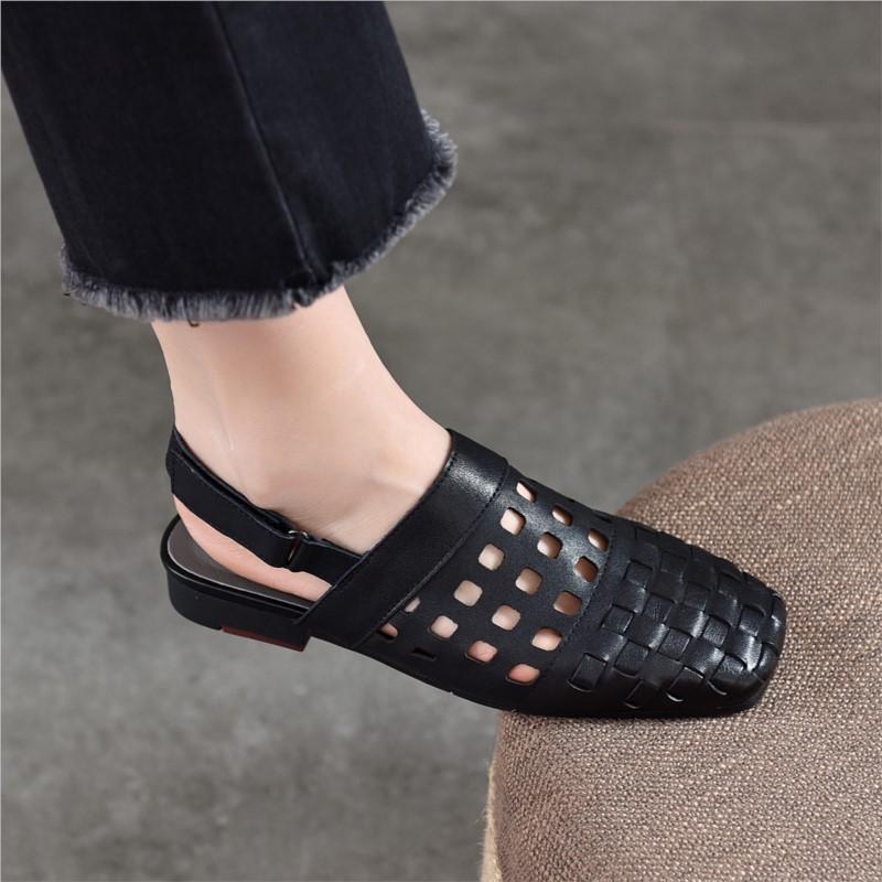 Johnature Real Leather Low Heel Sandals Woven Hollow Out Versatile Square Toe Commuting Women's Shoes