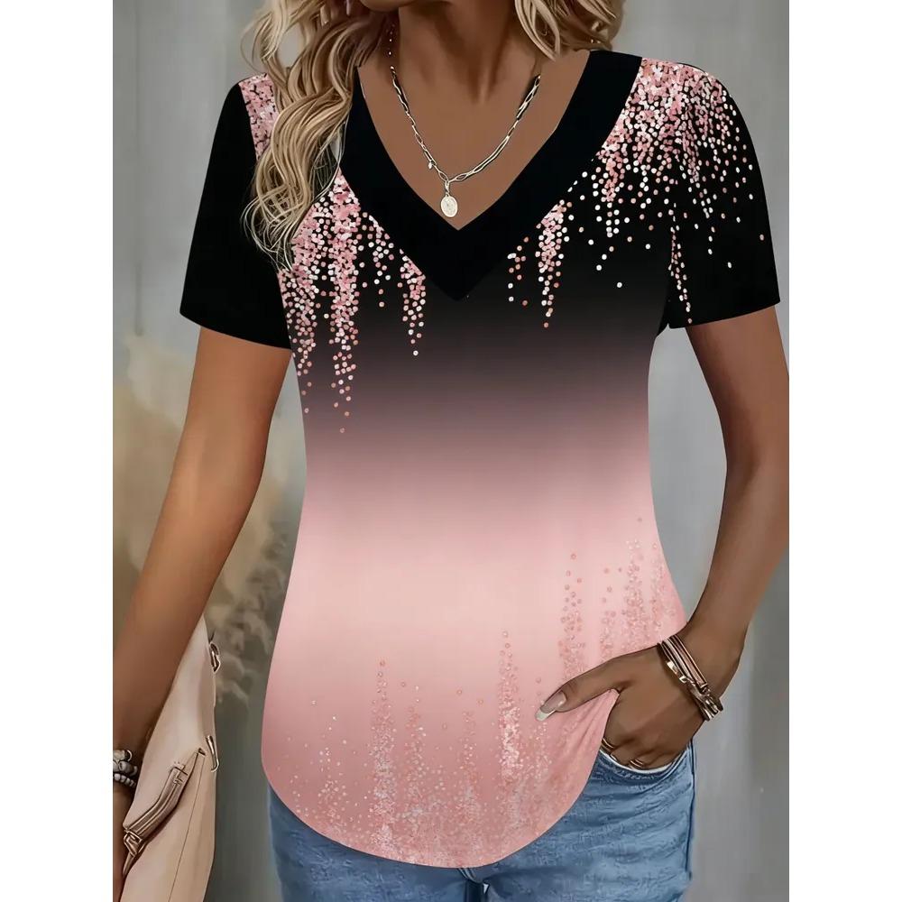 Creative Colorful Pattern Summer Soft Fashionable Comfortable Women's T-Shirts Casual Breathable Loose V-Neck Short-Sleeve T-Shirt
