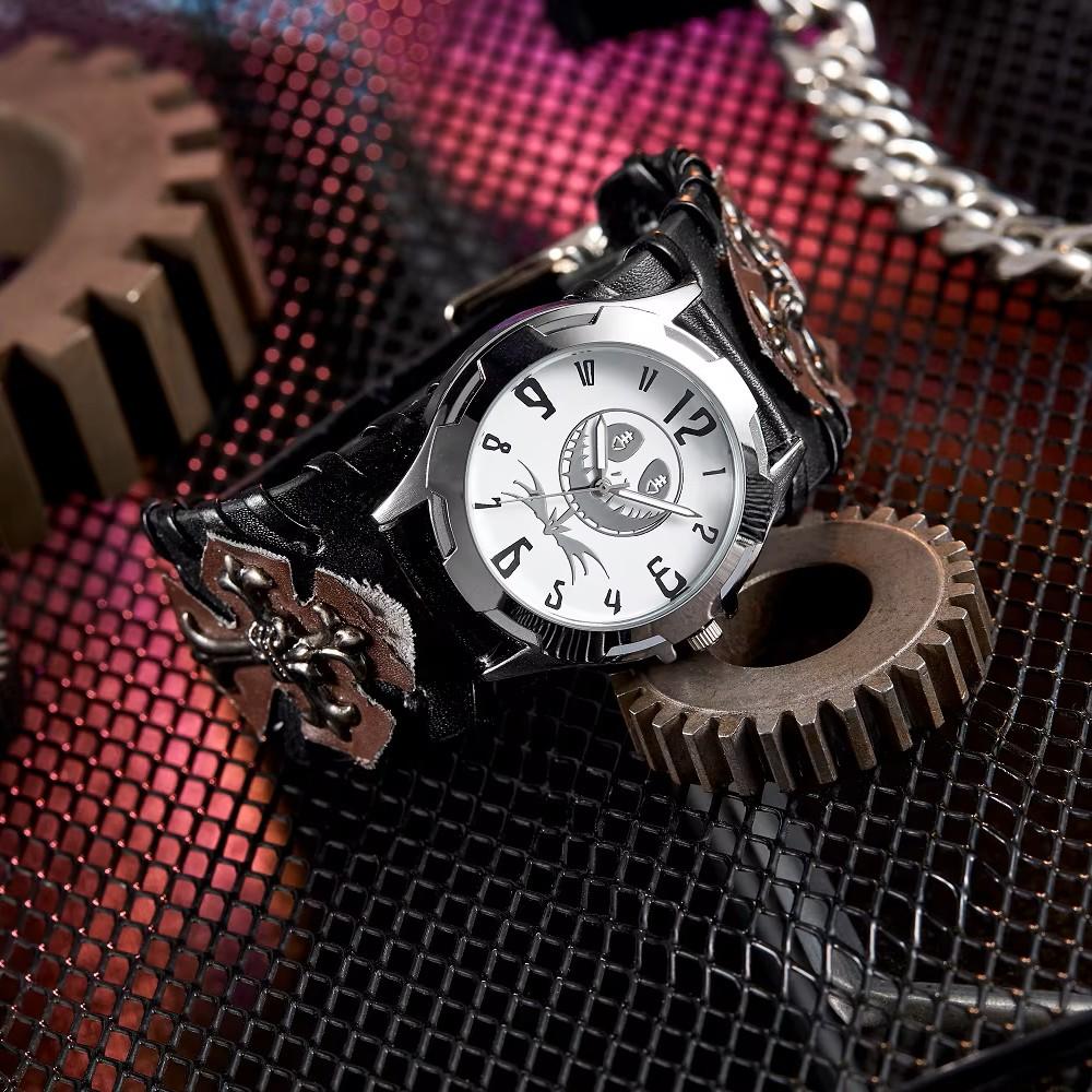 Retro Vintage Street Hip Hop Punk Rock Gothic Biker Uhr Quarz Stud Wasserdicht Männer PU Leder Armband Niet Ghost Skull Halloween