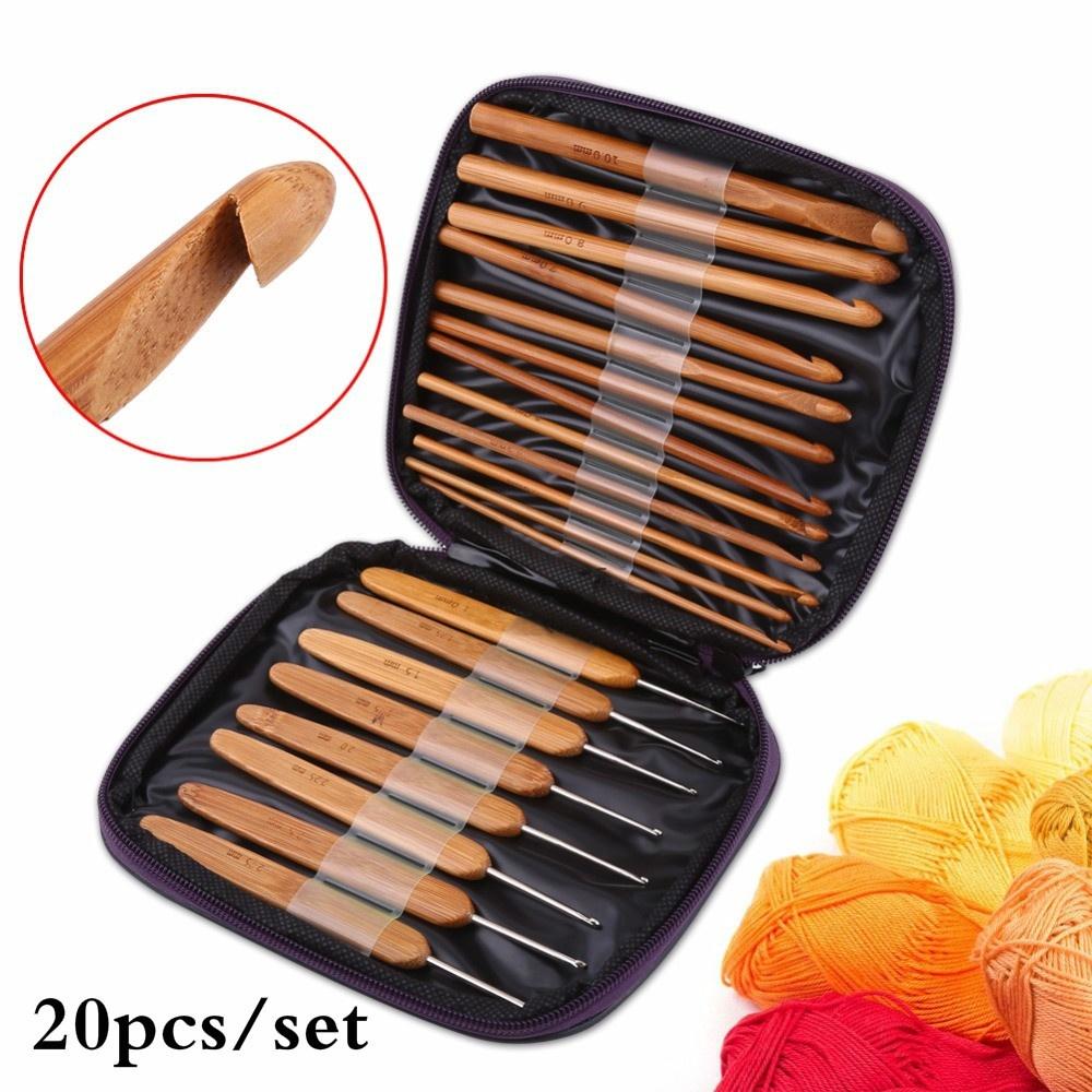 20 Pcs/set Crochet Hook Steel Knitting Needles Knit Bamboo Handle Needles Circular Knitting Needles Bamboo Knitting Needles