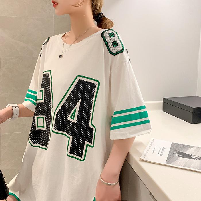 

Женская футболка с нерегулярным коротким рукавом, летняя футболка в корейском стиле, свободный топ средней длины, модная футболка оверсайз с тонким рукавом до локтя S