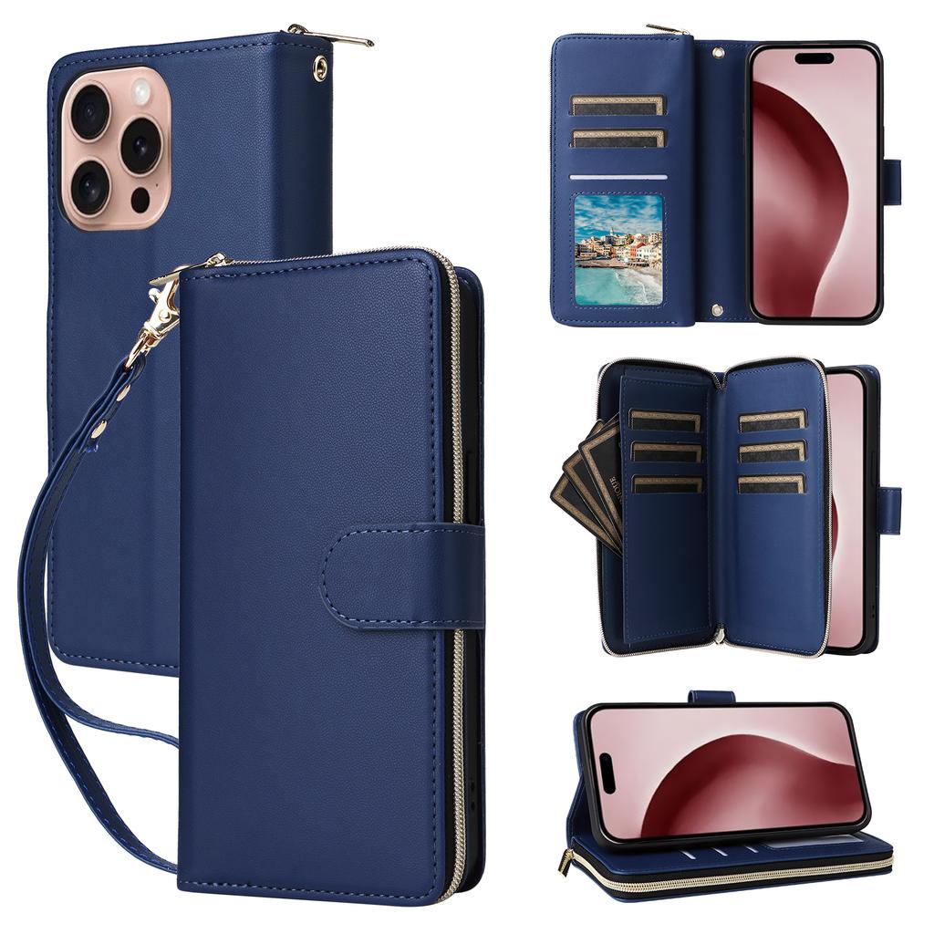 R20 For iPhone 16 Pro Max Case Zipper PU Leather Phone Cover with 9 Card Slots