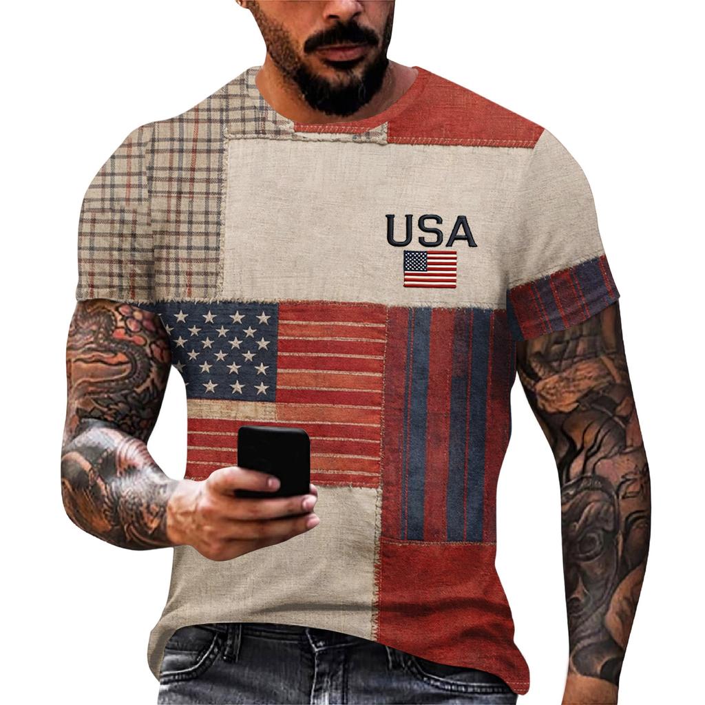 Męska luźna i casualowa koszulka z nadrukiem flagi, koszulka z krótkim rękawem
