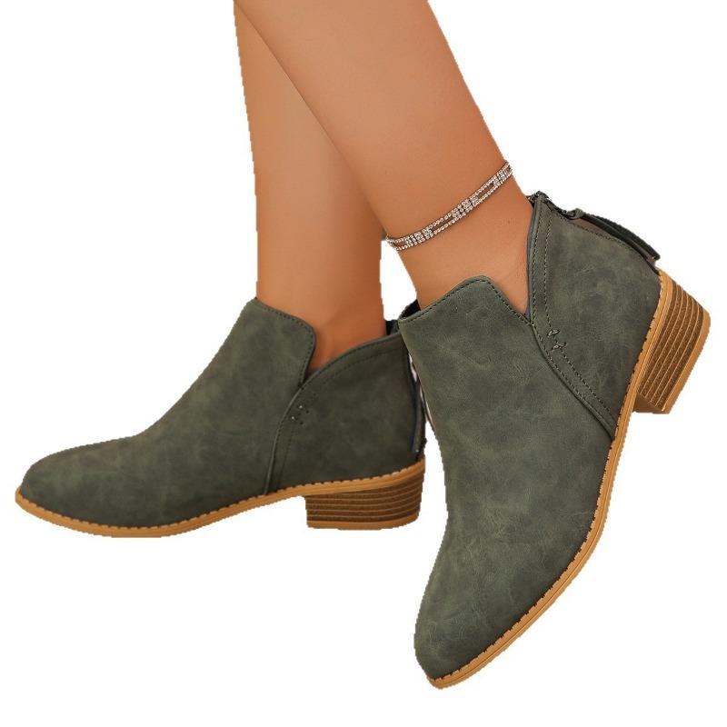 Large size leather boots women's boots solid color thin pointed rear zipper casual thick sole thick heel Martin boots women's single