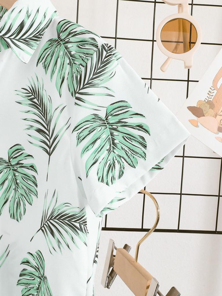 Boys' Tropical Leaf Print Shirt & Shorts 2Pcs Outfit
