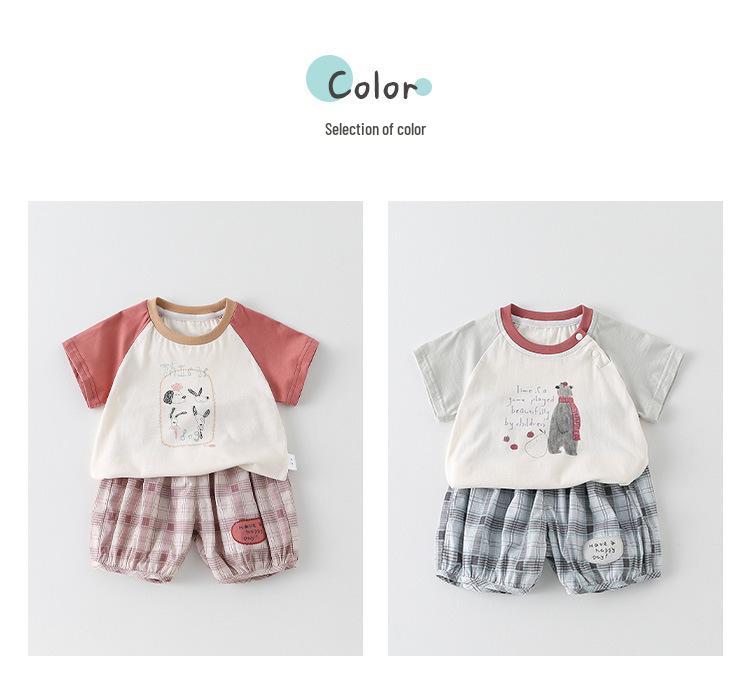 Sommer Jungen Cartoon Print Zweiteiliges Set: Kurzarm-T-Shirt & Karierte Shorts