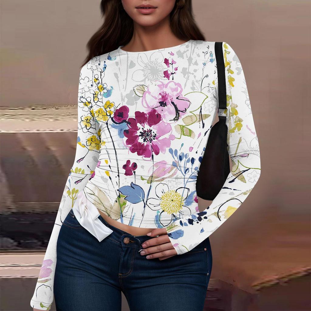 Modisches, einfarbiges, langärmliges T-Shirt-Oberteil für Damen mit Rundhalsausschnitt