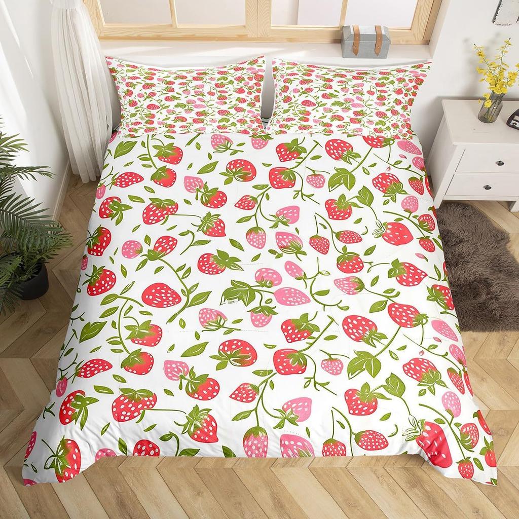 Strawberry Pink Duvet Cover Cute Fruit Print Bedding Three-piece Set Girl Room Decoration