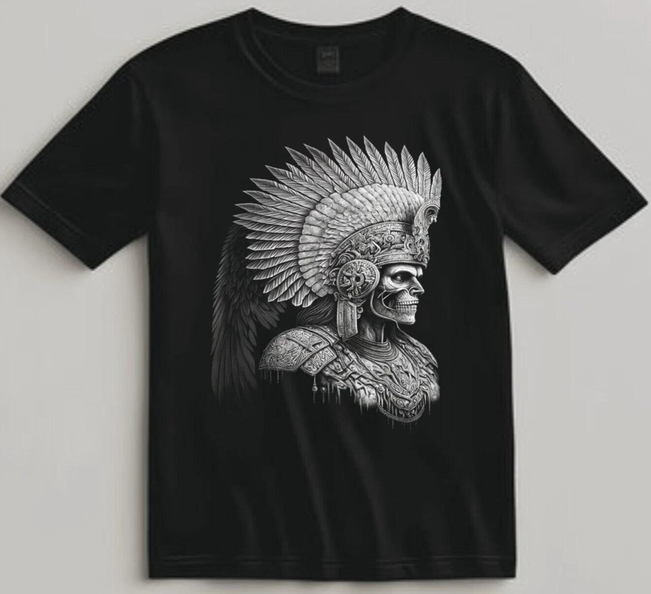 

Aztec Warrior Skull Shirt Tribal Headdress Graphic Tee Streetwear for Men L