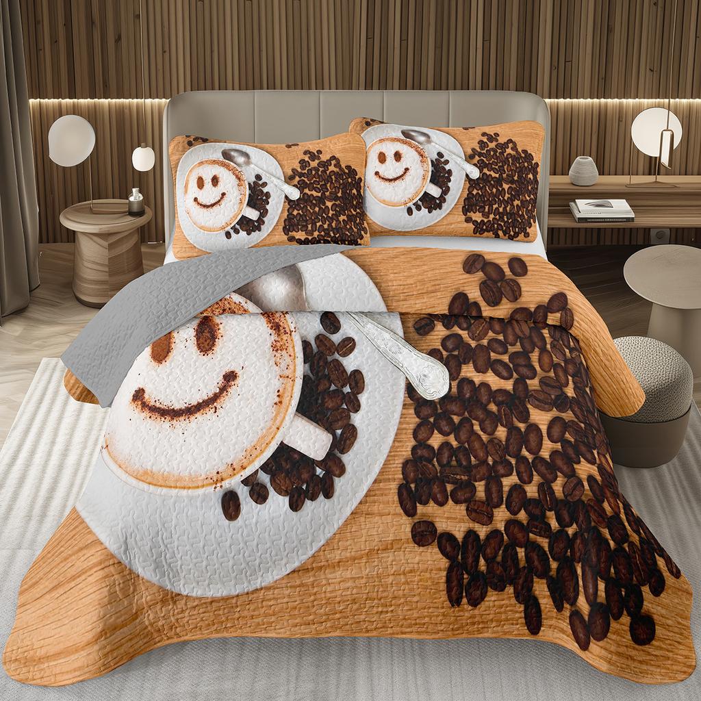 Single Twin Full Queen King Bedspread Set Coffee Bean Coverlet Set,Coffee Theme Bedding Set Coffee Lovers Gifts Room Decorations