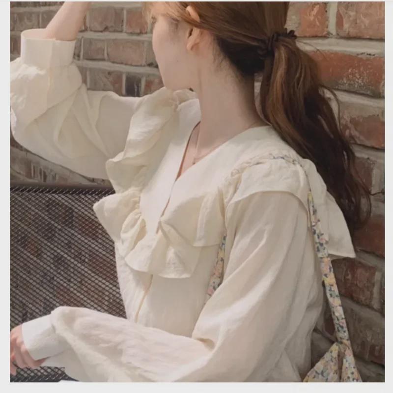 Korean Dongdaemun Women's V-Neck Ruffle Long Sleeve Shirt - 2025 Spring/Autumn Collection