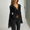 Sexy Sheer Chiffon Blouse for Women Slimming Ruffle Bell Sleeves