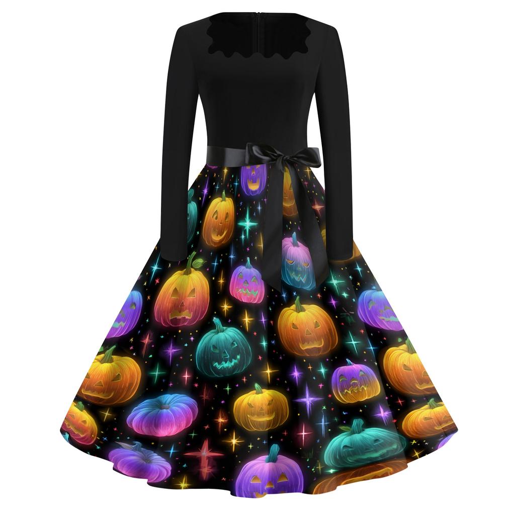 Women's Vintage Square Neck Casual Dress with Halloween Print for Fall Occasions