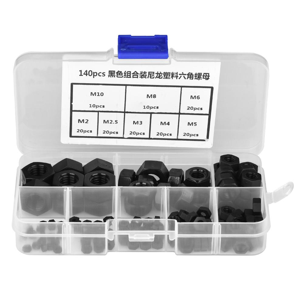 

140pcs M2M2.5M3M4M5M6M8M10 Thread Nylon Plastic Hex Hexagonal Nuts (Black)