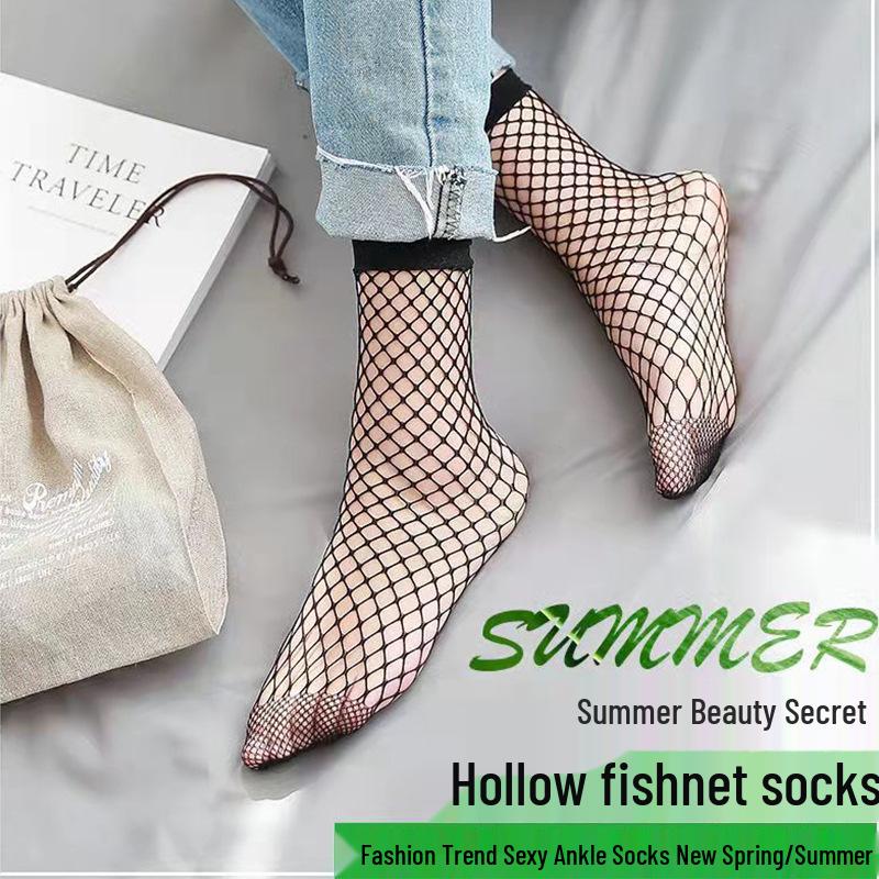 Langsha Women's Black Fishnet Mesh Short Stockings - Ultra-thin Summer Style, Trendy and Versatile Socks