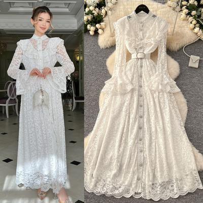 2025 French Women's Dress High-end Fungus Edge Splicing Single-breasted Waist Lace Embroidered Dress