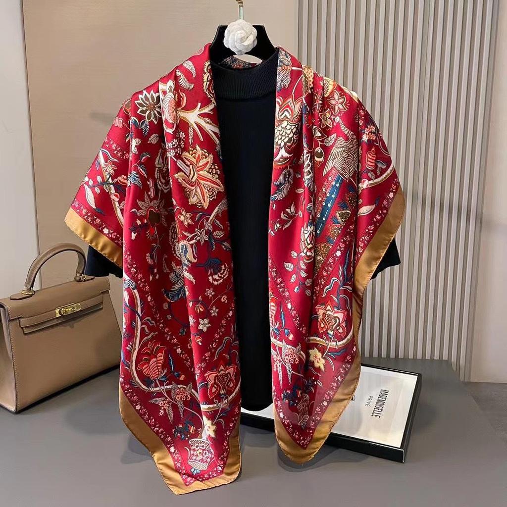 110cm Versatile Women’s Imitation Silk Scarf - Large, Printed, Decorative, Sunscreen Shawl