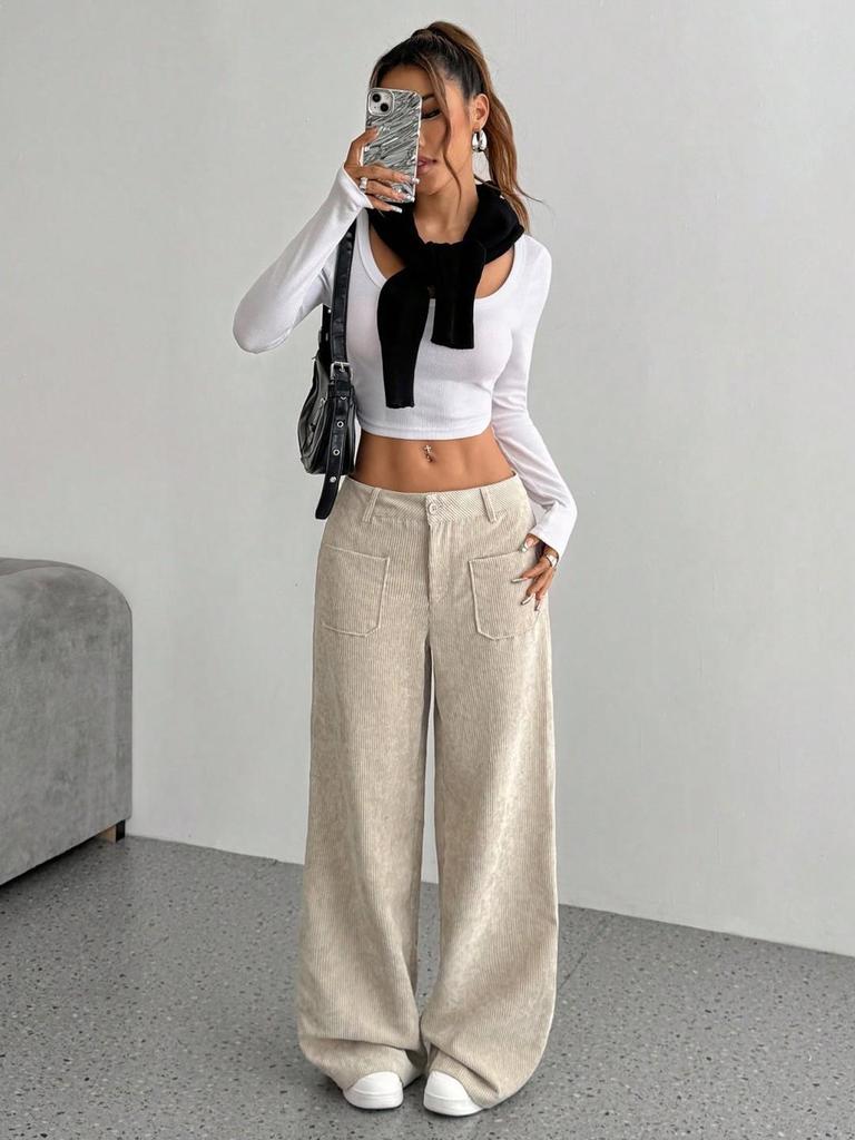 Europäische/Amerikanische Damen Casual Bodenlange Weitbeinige Hose mit Vorder-/Gesäßtaschen, Einfarbig