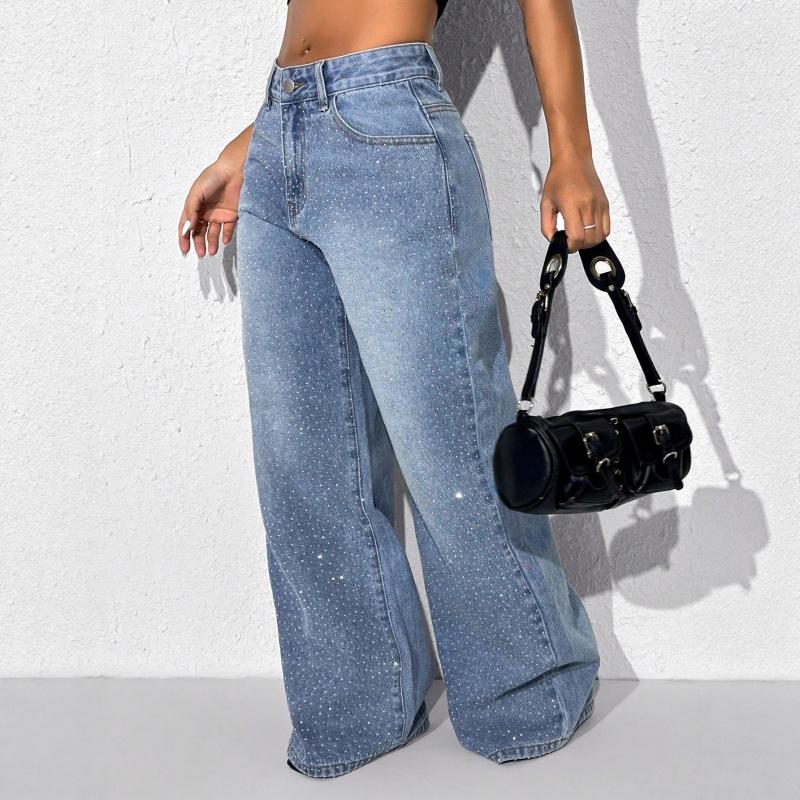 Nuovi Jeans Lavati da Donna con Strass, Taglie Forti Vita Bassa Larghi Bottoni Dritti Pantaloni in Denim