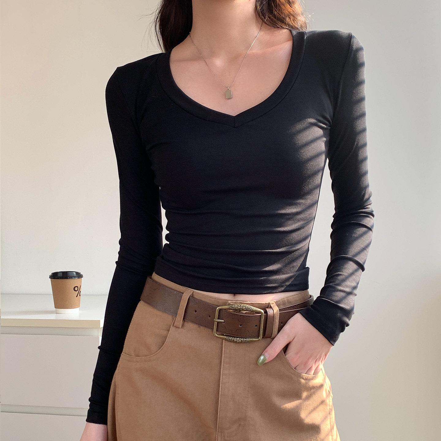

American Retro Slim Fit V-neck Gray Long Sleeve T-shirt for Women - Autumn 2025 Collection M (Weight 95-105 lbs) чёрный
