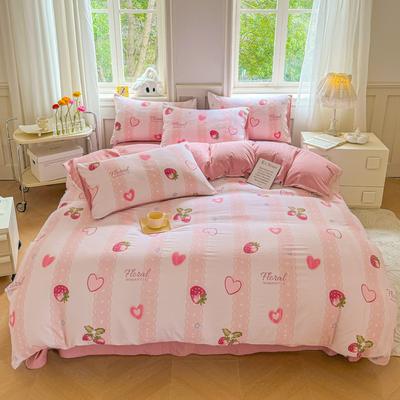 Romantic Floral Love Heart Duvet Cover Queen 4 Pcs Kawaii Strawberry Bedding Set For Girl Teen Reversible Pink Comforter Cover