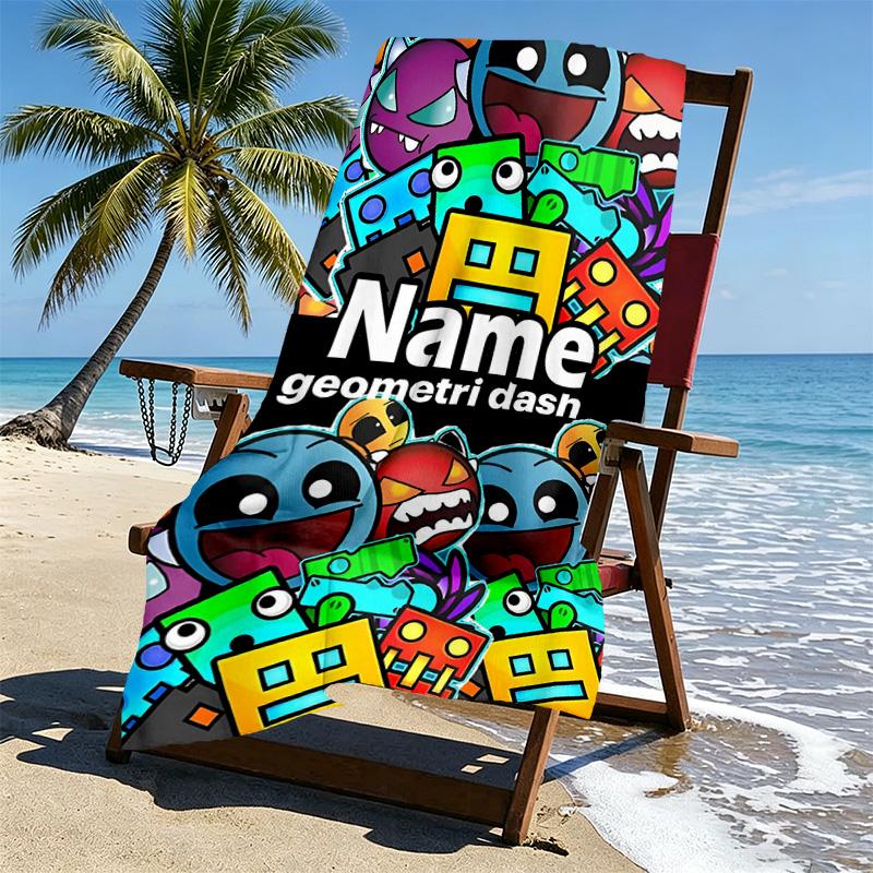 Custom Name Personalized Geometry Dash Print Beach Towel, for Trip Camping Beach Party Home Decor, Birthday Gift for Family & Friends