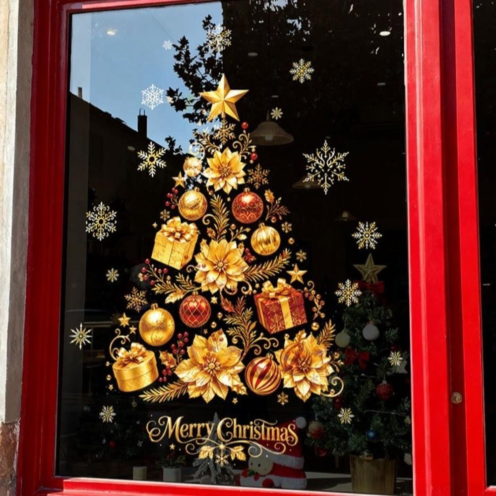 Large Christmas Tree Wall Sticker Golden Snowflake Electrostatic Sticker Xmas Decals Restaurants
