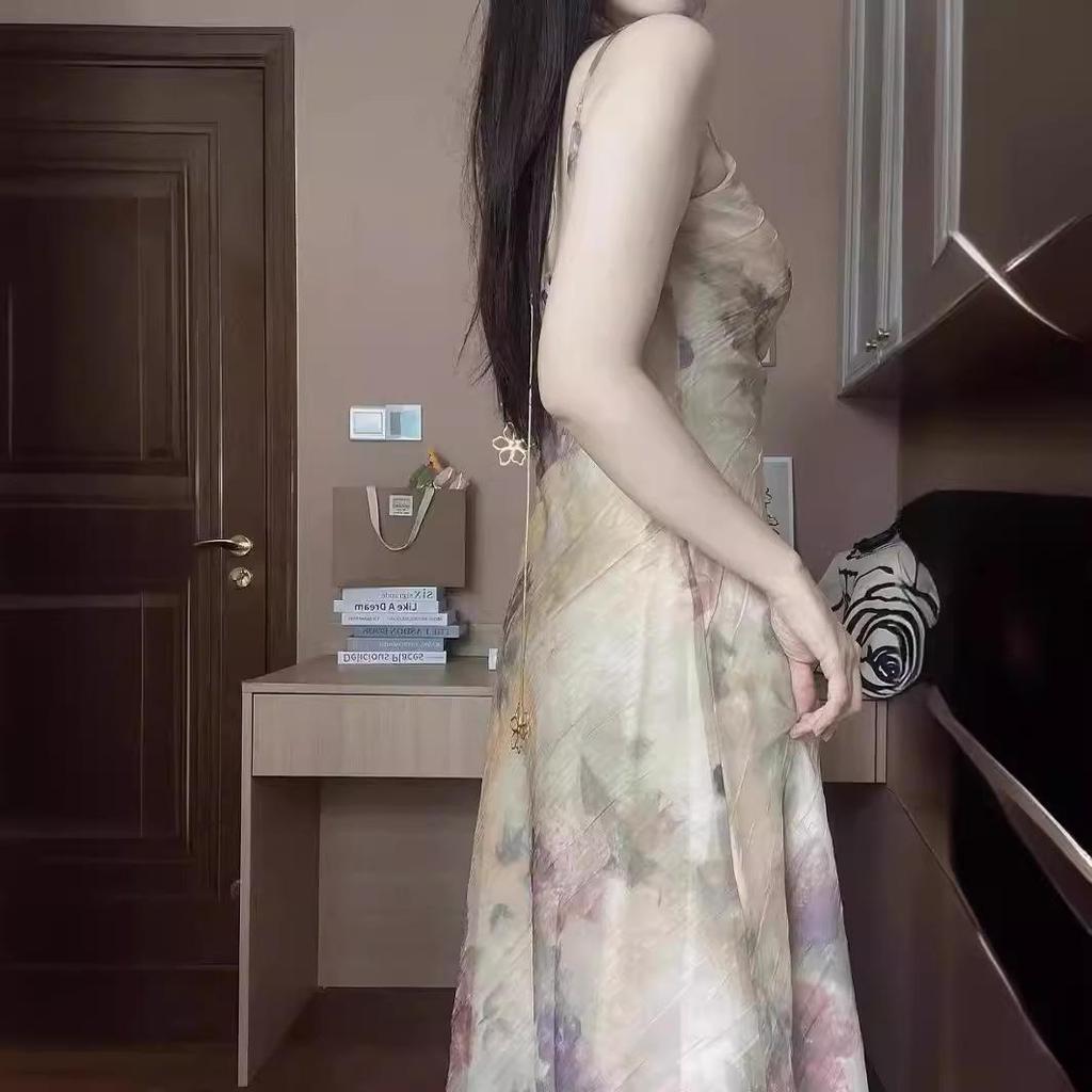 Neuankömmlinge: Damen Helles Klassisches Ölmalerei Stil Plissiertes Slim Kleid