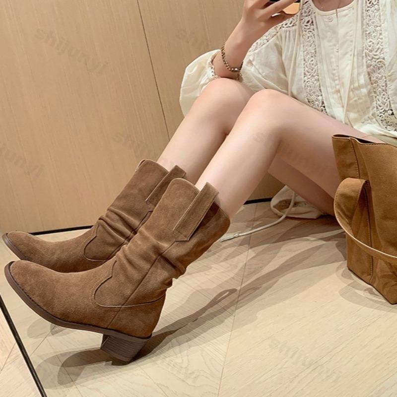 Fashion Super High Quality Women's Boots Autumn 2025 Fashion Pointed Chelsea Boot Pleated Suede Leather Women Knee Boots Banquet Party