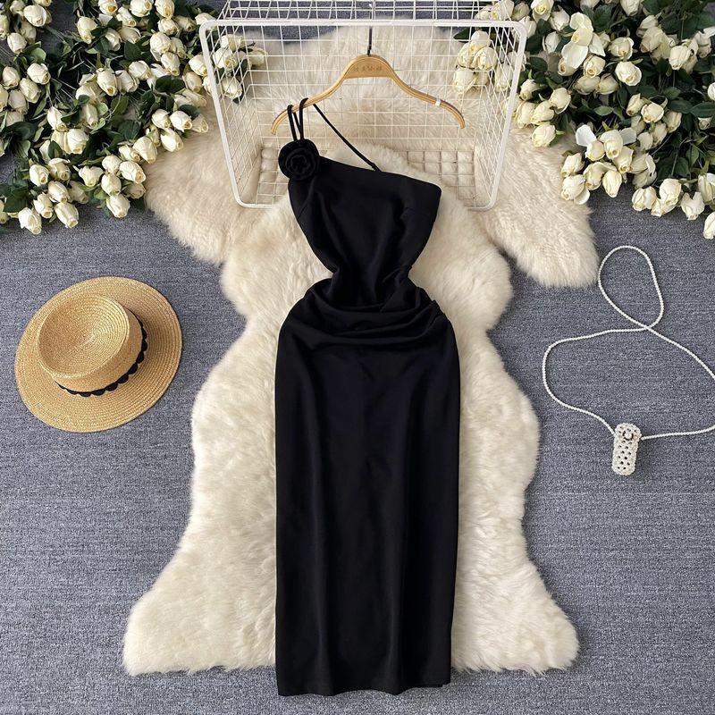 

Pure Desire Sexy Three-Dimensional Flowers Oblique Shoulder Strap Dress Female Scheming Ruched Slim-Fit Slit Hip-Wrapped Formal Dress Black M