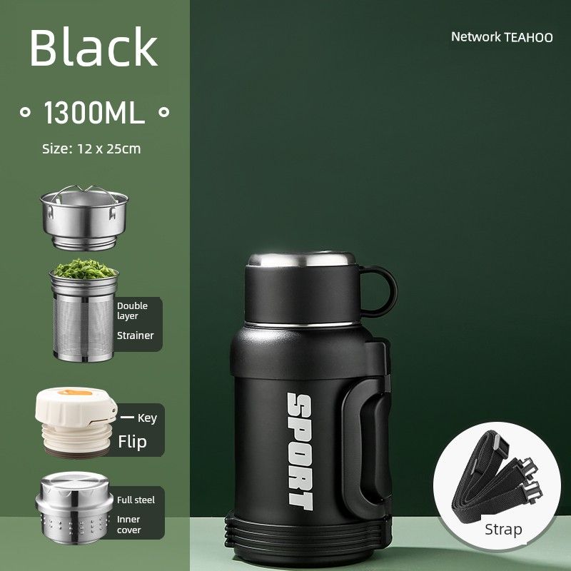 

All-Steel Outdoor Travel Vehicle-Mounted Home Use 3-Liter Thermos Cup New 1300ml Black [Comes with Strap/Cup Brush]