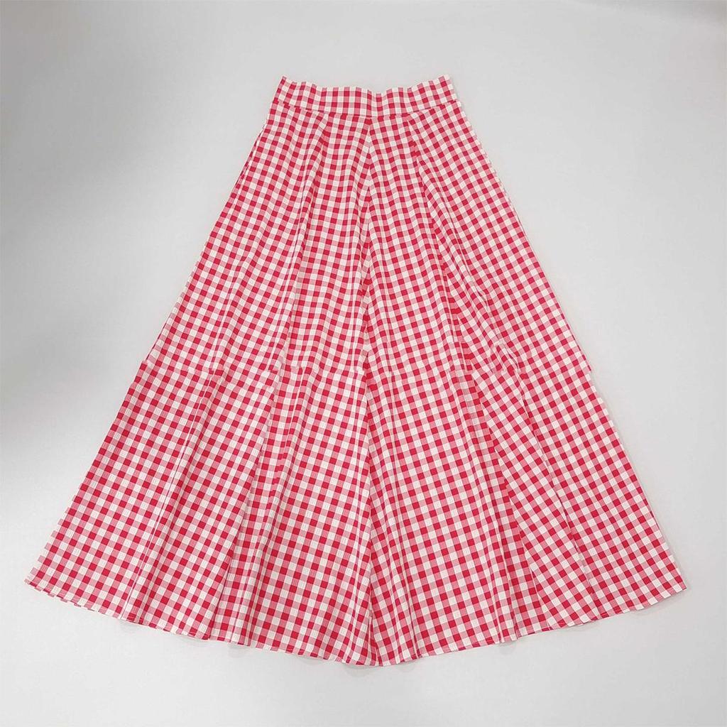 2024 Spring/Summer Elegant High-Waist Plaid Midi Skirt with Big Swing