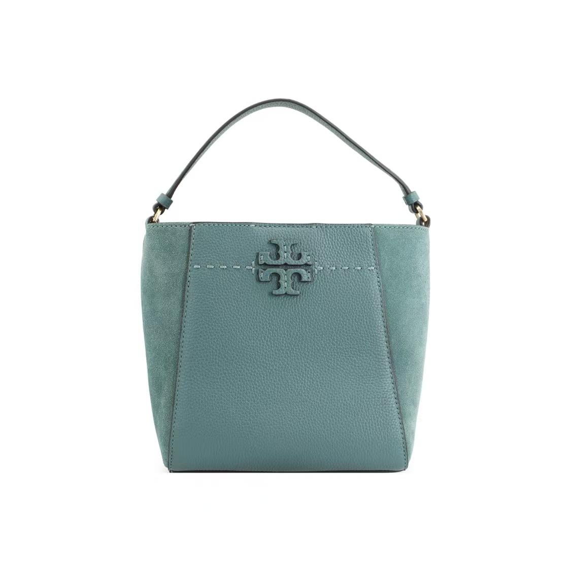 

Tory Burch Mcgraw Double T Logo Pebbled Leather Bucket Bag Women Handbags Aurora-Blue 88219-317 Basic Set (Bag+Dust Bag)