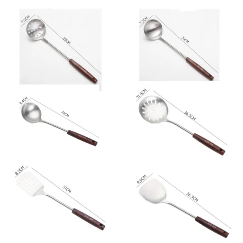 

Набор из 6 предметов для приготовления пищи, деревянная ручка из нержавеющей стали 304, лопатка, дуршлаг, ложка для супа, лопатка, кухонная утварь, бытовая кухонная утварь