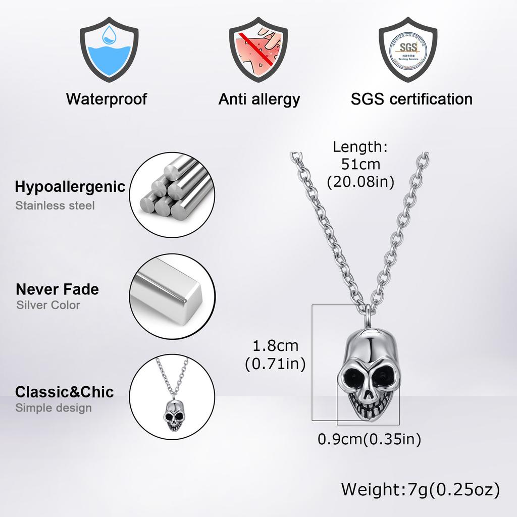 Retro Punk Stainless Steel Skull Necklace for Men,Rock Small Personality Pendant Necklace,Halloween Jewelry