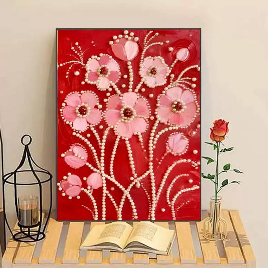 Plastic Pearl Painting Craft Set Faux Pearls Pre-Printed Canvas Set Rose Designs DIY Pearl Painting Kit for Wall Decor Gift Idea