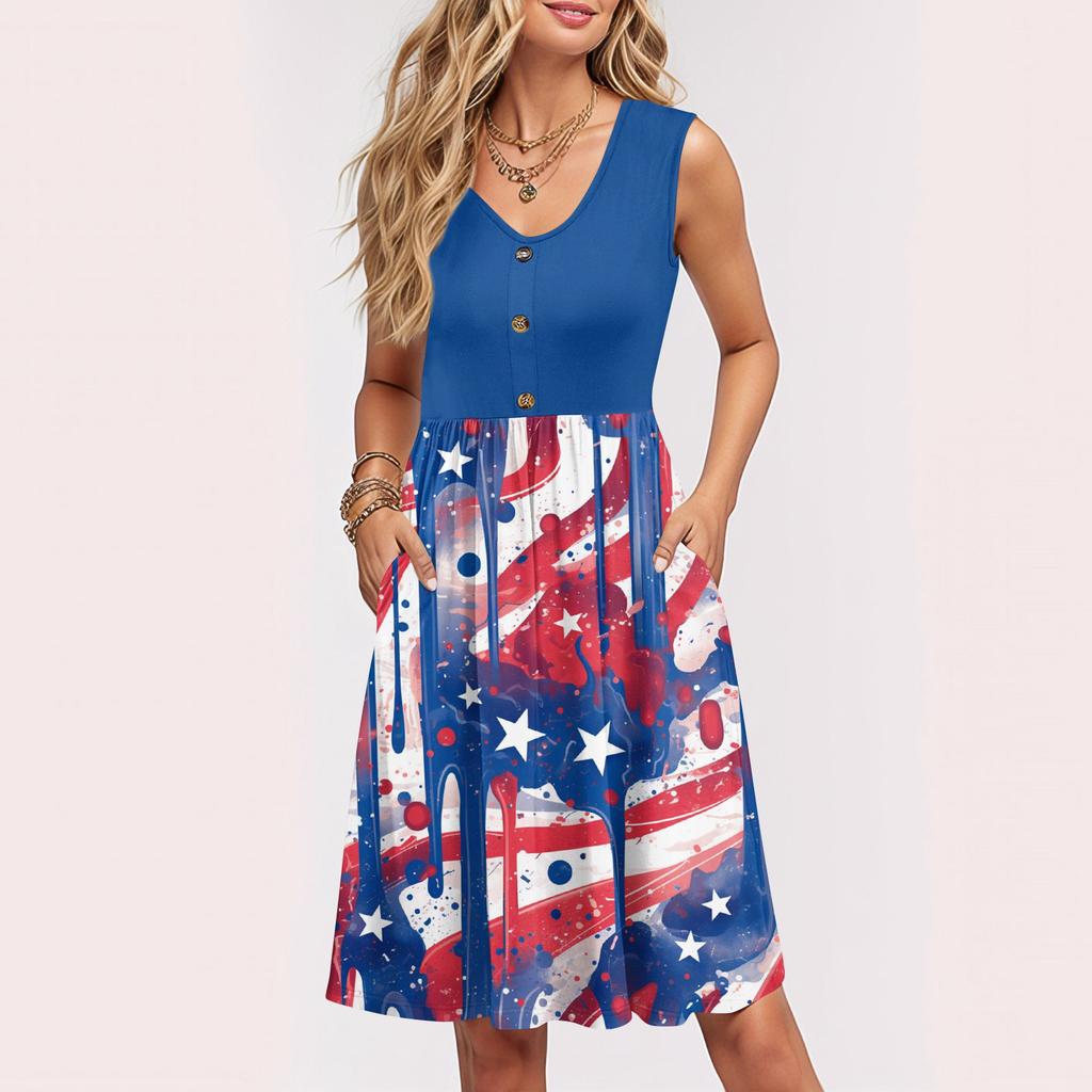 Damen Sommerkleider Ärmellos Lässig Locker Schwingend Knopfleiste Midi Sonnenkleid mit Taschen