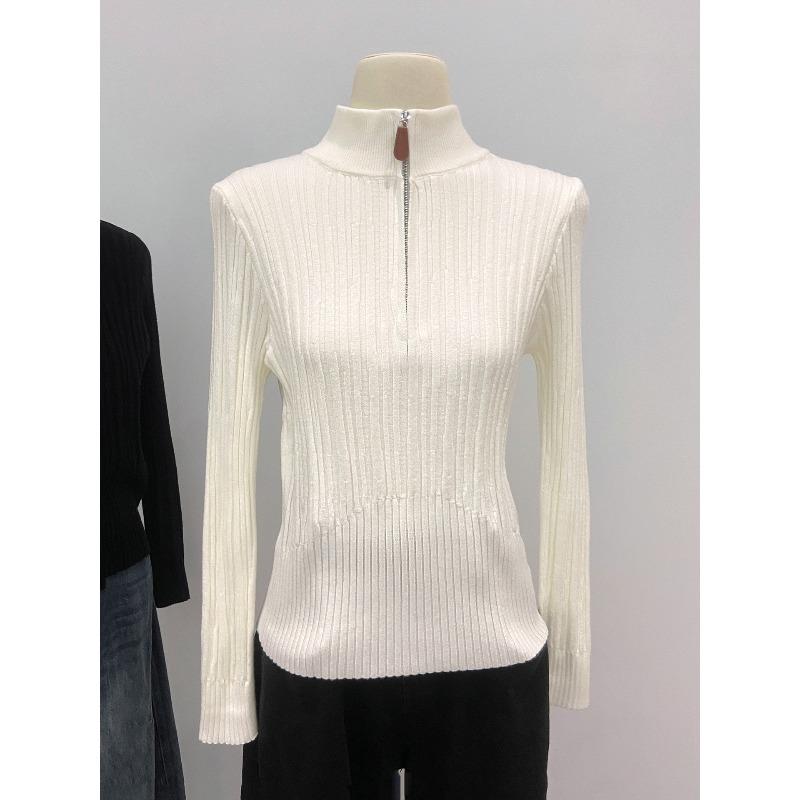 

Stylish half-zipper front shoulder texture knitted sweater women s autumn and winter new fashion inner top soft waxy backing sweater L белый