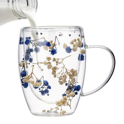 Dry Flowers Double Wall Glass Cup With Handle 350ml Double Layered Mugs Coffee Cups Heat Resistant Milk Mug Kitchen Supplies