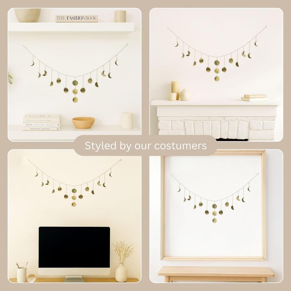 Moon & Crafts Boho Moon Phase Wall Hanging 50” Gold Brass Garland, 15 Handmade Hammered Moons, Celestial Wall Decor for Bedroom, Living Room &